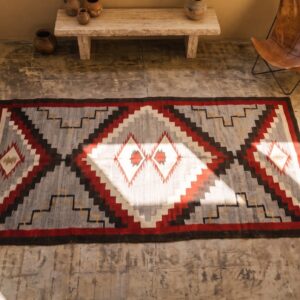 Tribal Geometric Pattern Antique Gray Flat Weave Native American Navajo Rug (SKU 21315) - styled overhead view