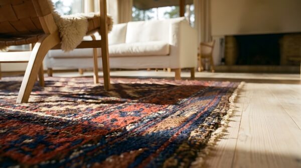 Antique tribal geometric pattern persian baluch rug (sku 25139) - in-room detail