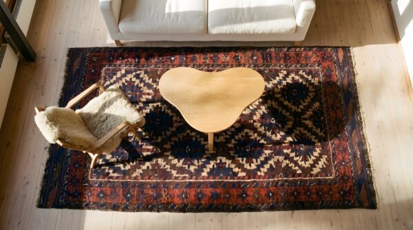 Antique tribal geometric pattern persian baluch rug (sku 25139) - styled overhead view