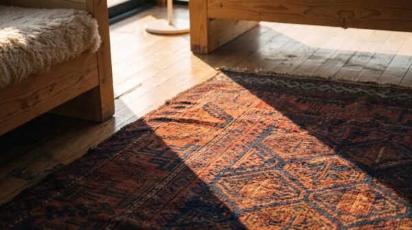 Antique tribal geometric pattern persian baluch small area rug (sku 21584) - in-room detail