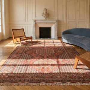 Antique Tribal Geometric Pattern Wool Pile Hand Knotted Persian Khamse Coral Rug (SKU 18225) - room view