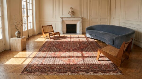 Antique tribal geometric pattern wool pile hand knotted persian khamse coral rug 8 Antique tribal geometric pattern wool pile hand knotted persian khamse coral rug (sku 18225) - room view