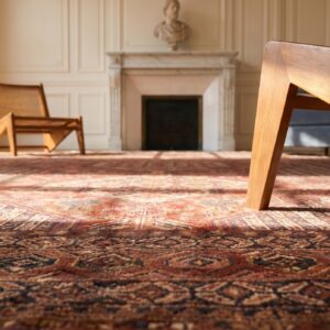 Antique Tribal Geometric Pattern Wool Pile Hand Knotted Persian Khamse Coral Rug (SKU 18225) - in-room detail