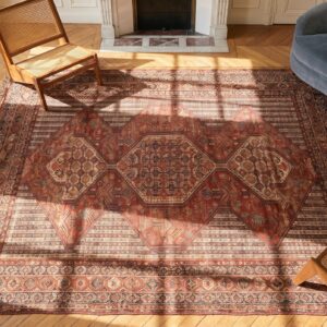 Antique Tribal Geometric Pattern Wool Pile Hand Knotted Persian Khamse Coral Rug (SKU 18225) - styled overhead view