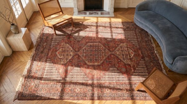 Antique tribal geometric pattern wool pile hand knotted persian khamse coral rug 2 Antique tribal geometric pattern wool pile hand knotted persian khamse coral rug (sku 18225) - styled overhead view