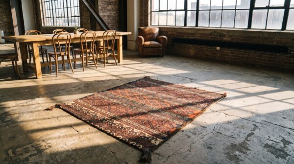 Antique tribal geometric persian baluch square small scatter rug (sku 21588) - room view