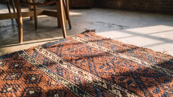 Antique tribal geometric persian baluch square small scatter rug (sku 21588) - in-room detail