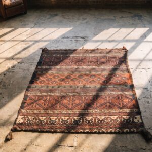 Antique Tribal Geometric Persian Baluch Square Small Scatter Rug (SKU 21588) - styled overhead view