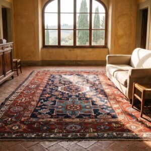 Wool Antique Tribal Geometric Persian Karajeh Small Scatter Size Blue Rug (SKU 25732) - room view