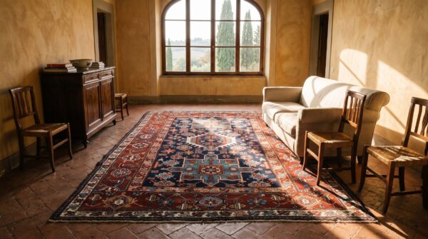Wool antique tribal geometric persian karajeh small scatter size blue rug 9 Wool antique tribal geometric persian karajeh small scatter size blue rug (sku 25732) - room view