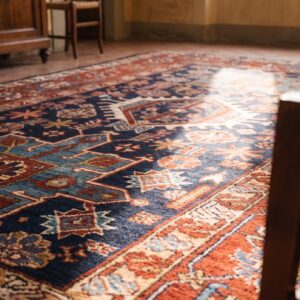 Wool Antique Tribal Geometric Persian Karajeh Small Scatter Size Blue Rug (SKU 25732) - in-room detail