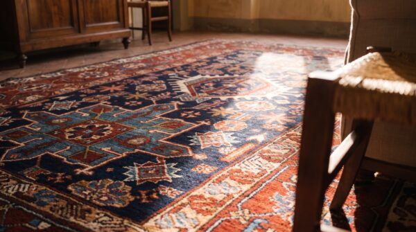 Wool antique tribal geometric persian karajeh small scatter size blue rug 10 Wool antique tribal geometric persian karajeh small scatter size blue rug (sku 25732) - in-room detail