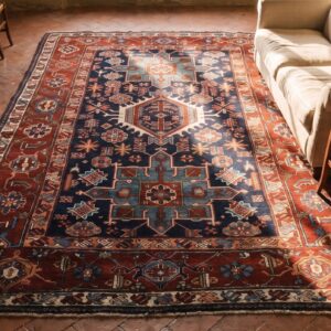 Wool Antique Tribal Geometric Persian Karajeh Small Scatter Size Blue Rug (SKU 25732) - styled overhead view