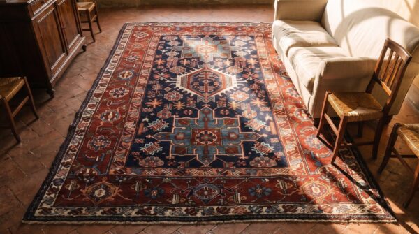 Wool antique tribal geometric persian karajeh small scatter size blue rug 2 Wool antique tribal geometric persian karajeh small scatter size blue rug (sku 25732) - styled overhead view