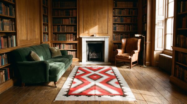 Tribal geometric antique small native american wool flatweave navajo kilim rug (sku 22119) - room view