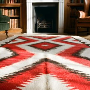 Tribal Geometric Antique Small Native American Wool Flatweave Navajo Kilim Rug (SKU 22119) - in-room detail