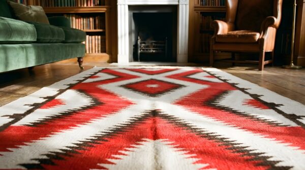 Tribal geometric antique small native american wool flatweave navajo kilim rug (sku 22119) - in-room detail