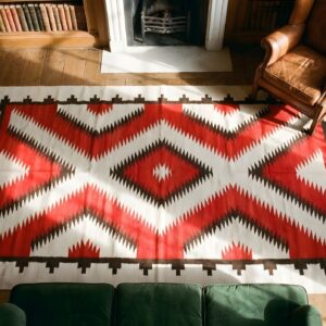 Tribal Geometric Antique Small Native American Wool Flatweave Navajo Kilim Rug (SKU 22119) - styled overhead view