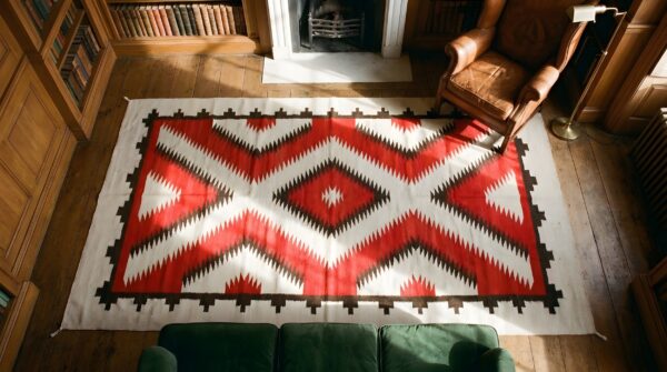 Tribal geometric antique small native american wool flatweave navajo kilim rug (sku 22119) - styled overhead view