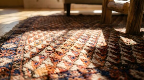 Tribal geometric antique small scatter size wool ersari beshir muslim prayer rug 11 Tribal geometric antique small scatter size wool ersari beshir muslim prayer rug (sku 25018) - in-room detail