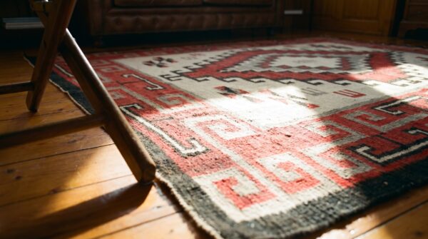 Tribal geometric antique small size classic native american flatweave navajo rug 7 Tribal geometric antique small size classic native american flatweave navajo rug (sku 20902) - in-room detail