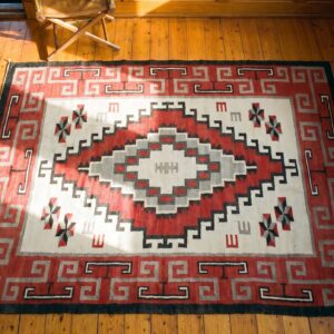 Tribal Geometric Antique Small Size Classic Native American Flatweave Navajo Rug (SKU 20902) - styled overhead view