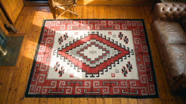 Tribal geometric antique small size classic native american flatweave navajo rug 2 Tribal geometric antique small size classic native american flatweave navajo rug (sku 20902) - styled overhead view