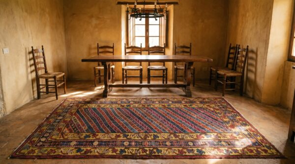 Tribal geometric striped antique caucasian karabagh knotted rug 7 Tribal geometric striped antique caucasian karabagh knotted rug (sku 18058) - room view