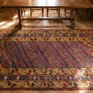 Tribal Geometric Striped Antique Caucasian Karabagh Knotted Rug (SKU 18058) - styled overhead view