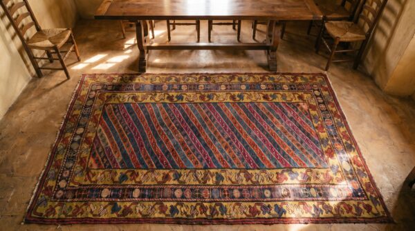 Tribal geometric striped antique caucasian karabagh knotted rug 2 Tribal geometric striped antique caucasian karabagh knotted rug (sku 18058) - styled overhead view