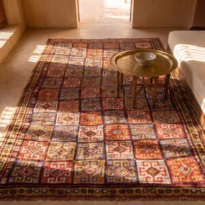 Antique Tribal Geometric Turkish Konya Small 19th Colorful Century Rug (SKU 25737) - styled overhead view