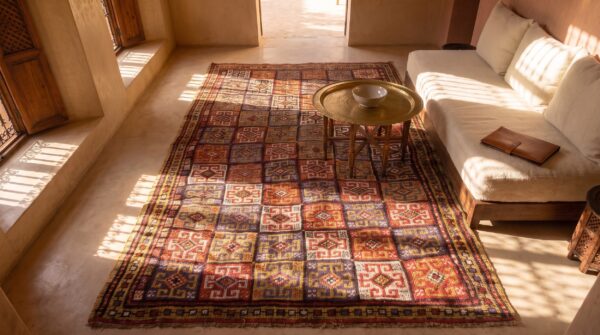 Antique tribal geometric turkish konya small 19th colorful century rug 2 Antique tribal geometric turkish konya small 19th colorful century rug (sku 25737) - styled overhead view
