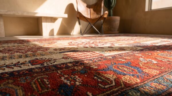 Tribal geometric weeping willow tree of life design antique ivory nw persian rug 10 Tribal geometric weeping willow tree of life design antique ivory nw persian rug (sku 21455) - in-room detail