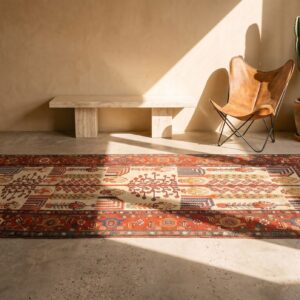 Tribal Geometric Weeping Willow Tree Of Life Design Antique Ivory NW Persian Rug (SKU 21455) - styled overhead view