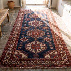 Antique Tribal Harshang Crab Design NW Persian Kurdish Hallway Runner Rug (SKU 19046) - styled overhead view