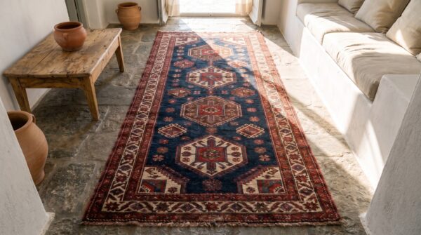 Antique tribal harshang crab design nw persian kurdish hallway runner rug 2 Antique tribal harshang crab design nw persian kurdish hallway runner rug (sku 19046) - styled overhead view