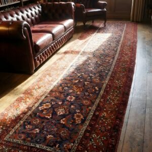 Antique Tribal Herati Pattern Blue Northwest Persian Long Hallway Runner Rug (SKU 24951) - styled overhead view