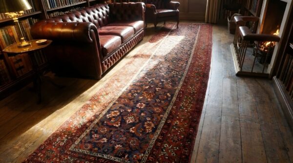 Antique tribal herati pattern blue northwest persian long hallway runner rug 2 Antique tribal herati pattern blue northwest persian long hallway runner rug (sku 24951) - styled overhead view