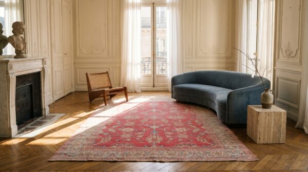 Tribal large scale pattern antique warm faded red color cotton agra rug (sku 20125) - room view
