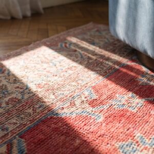 Tribal Large Scale Pattern Antique Warm Faded Red Color Cotton Agra Rug (SKU 20125) - in-room detail