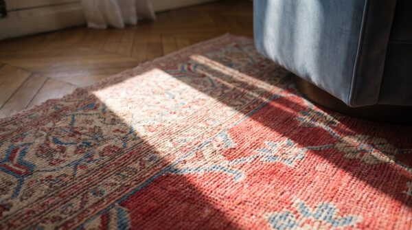 Tribal large scale pattern antique warm faded red color cotton agra rug (sku 20125) - in-room detail