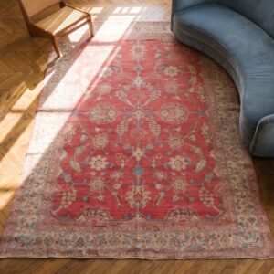 Tribal Large Scale Pattern Antique Warm Faded Red Color Cotton Agra Rug (SKU 20125) - styled overhead view