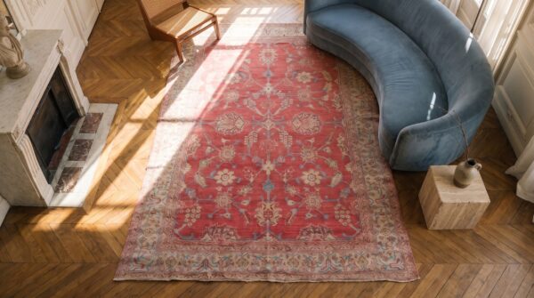 Tribal large scale pattern antique warm faded red color cotton agra rug (sku 20125) - styled overhead view