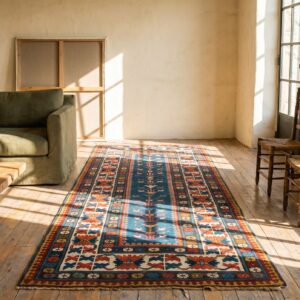 Antique Tribal Late 19th Century Blue Caucasian Kazak Hallway Runner Rug (SKU 18458) - room view