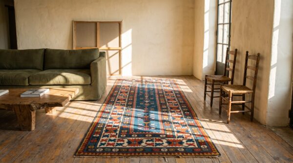 Antique tribal late 19th century blue caucasian kazak hallway runner rug 8 Antique tribal late 19th century blue caucasian kazak hallway runner rug (sku 18458) - room view
