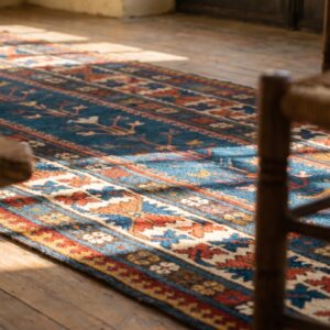 Antique Tribal Late 19th Century Blue Caucasian Kazak Hallway Runner Rug (SKU 18458) - in-room detail