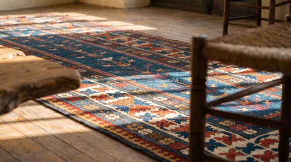 Antique tribal late 19th century blue caucasian kazak hallway runner rug 9 Antique tribal late 19th century blue caucasian kazak hallway runner rug (sku 18458) - in-room detail