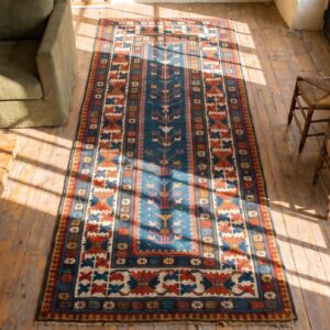 Antique Tribal Late 19th Century Blue Caucasian Kazak Hallway Runner Rug (SKU 18458) - styled overhead view
