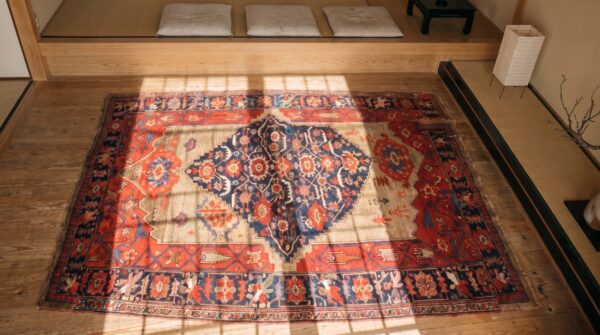 Antique tribal late 19th century persian bidjar sampler rug 2 Antique tribal late 19th century persian bidjar sampler rug (sku 21624) - styled overhead view