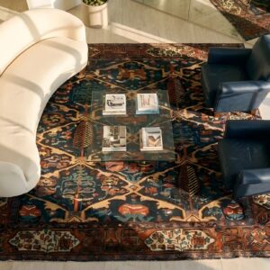 Antique Tribal Lattice Cypress Tree Design Persian Bakhtiari Rug (SKU 24922) - styled overhead view